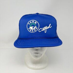 Vtg San Sun Farm Fresh Catfish Snapback Trucker Mesh Hat Blue Turquoise